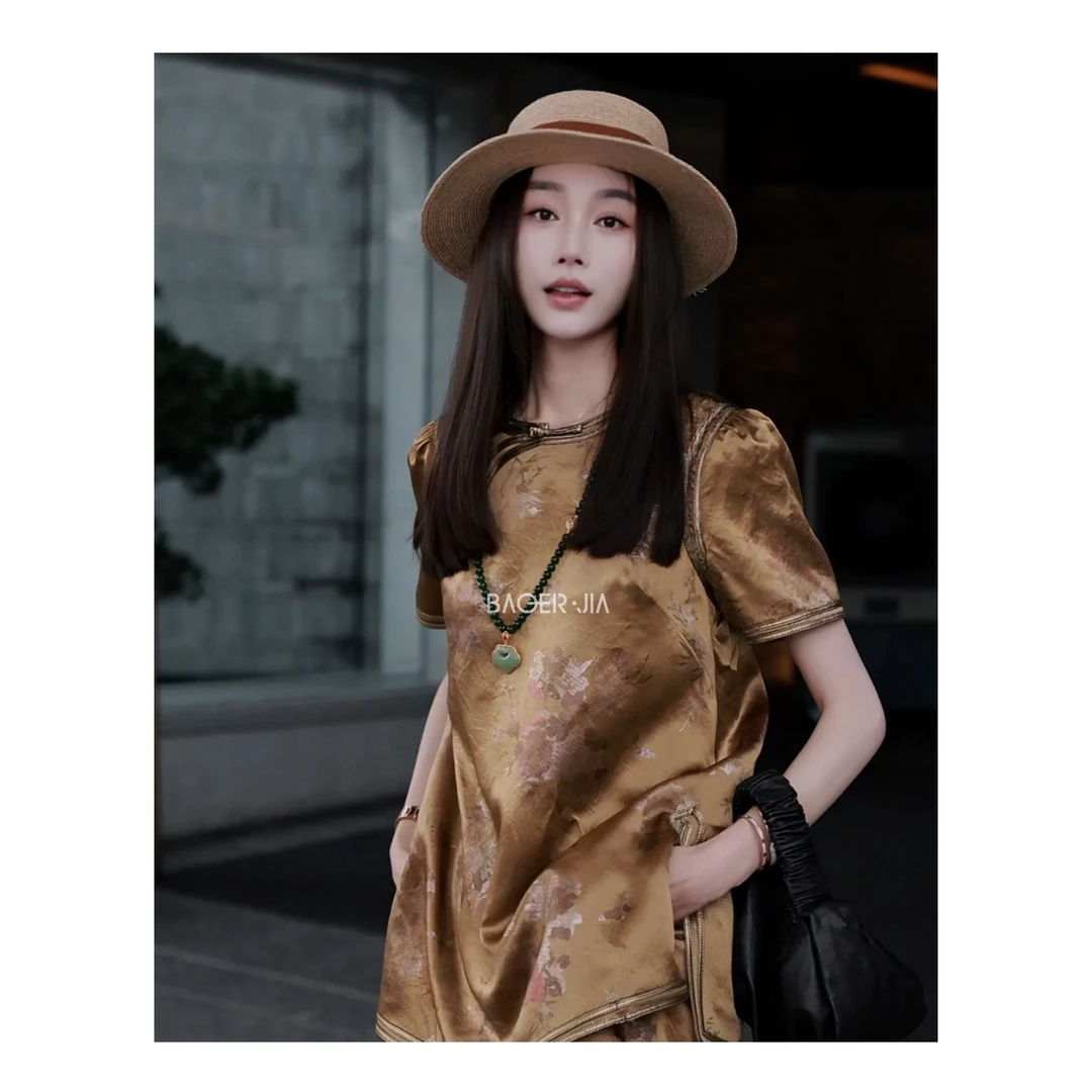 1-【鎏金花语】宝儿家BF20824205夏季款国潮风设计压花醋酸上衣裤装