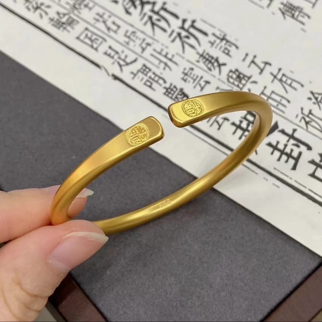 中式古法精工实心百搭轻奢福字素圈手镯