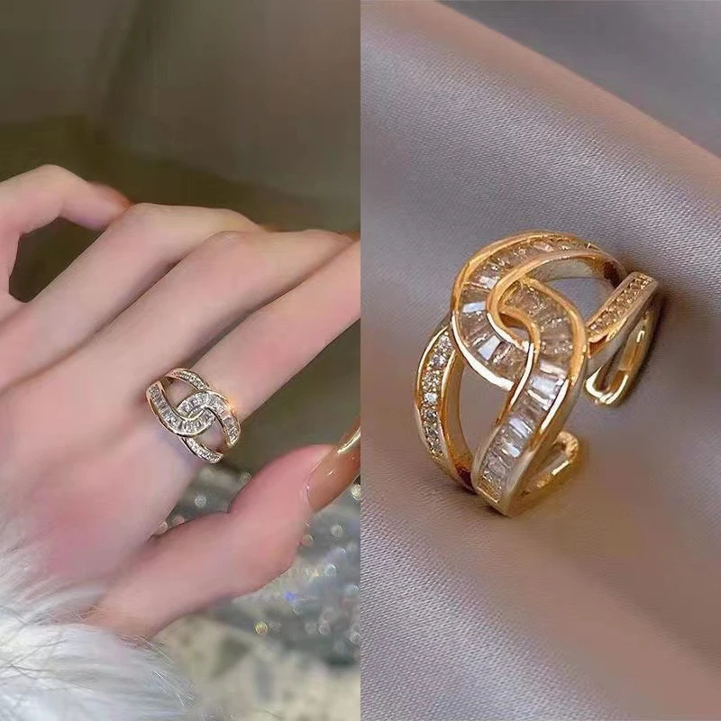 铜合金合成锆石戒指 几何交叉开口戒指轻奢气质时尚百搭小众指环