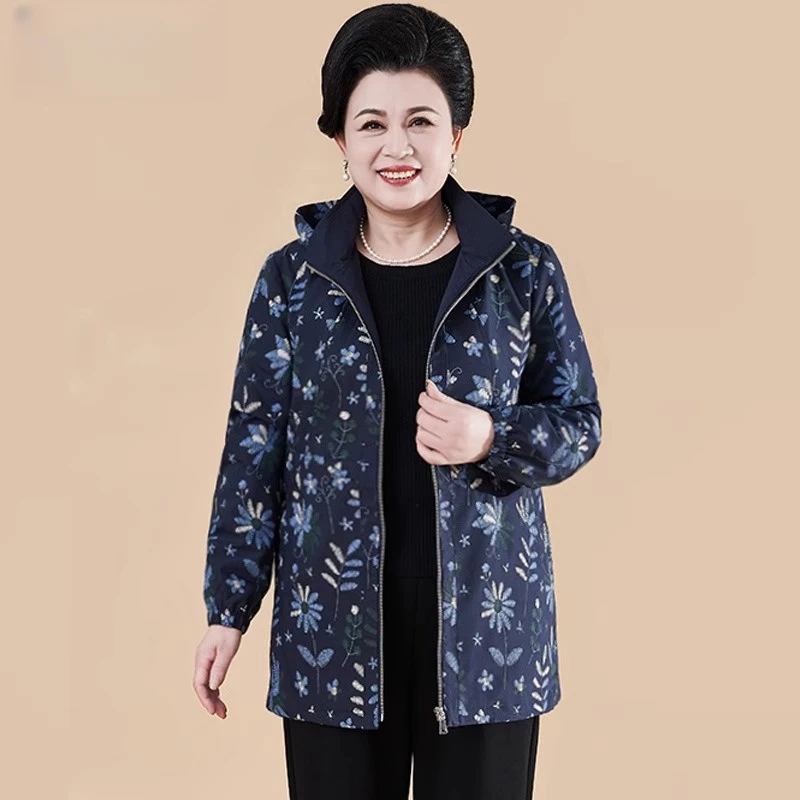 胖妈妈秋装风衣春秋款时尚印花连帽开衫外套加肥加大中老年女装