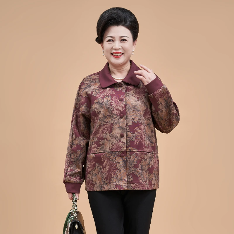 中老年女装妈妈装春秋新中式时尚印花翻领长袖外套单排扣显瘦上衣