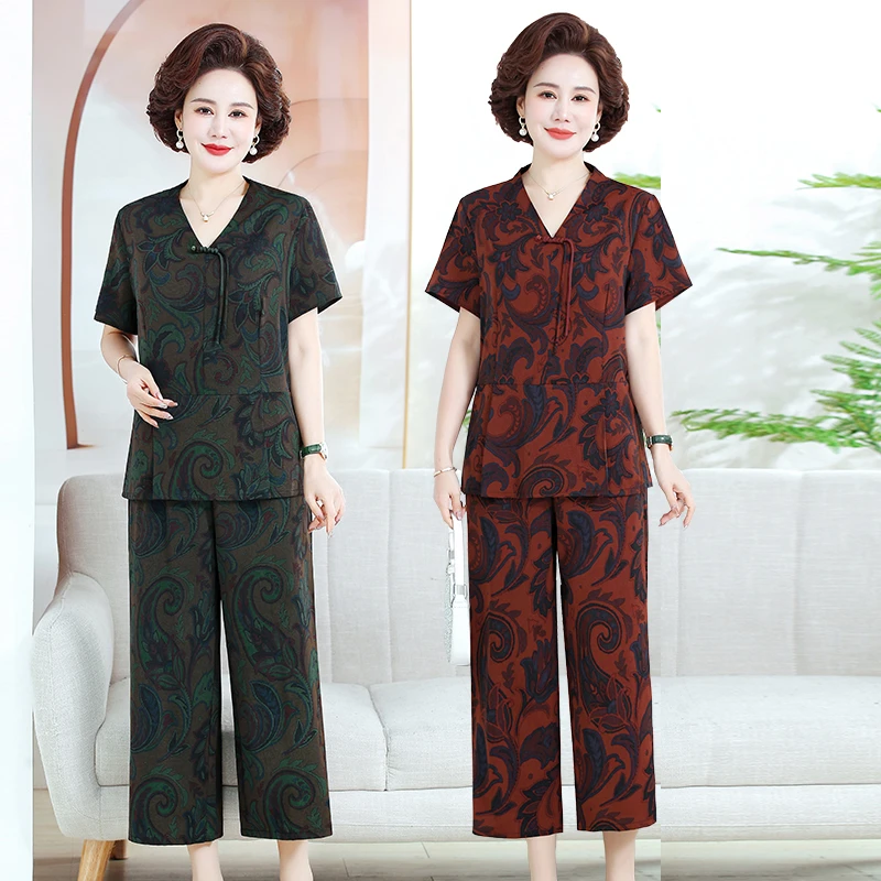 2025新款夏季新中式时尚气质印花套装宽松大码短袖上衣两件套女装