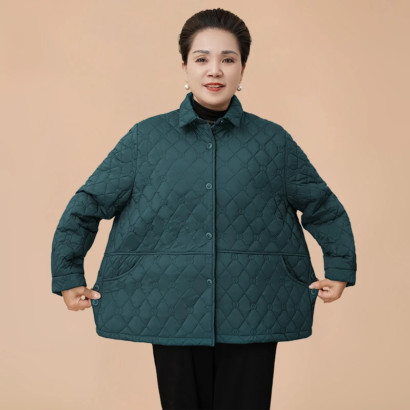 春秋时尚妈妈装棉衣polo领单排扣拼接纯色长袖轻薄棉服显瘦外套女