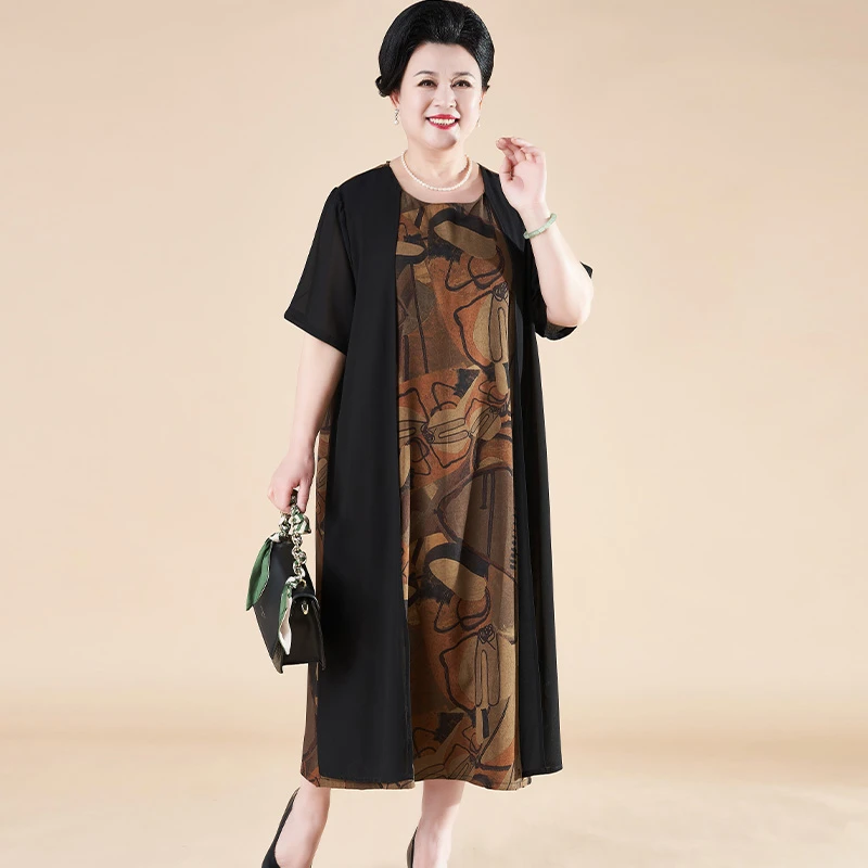 胖妈妈夏季妈妈装加肥加大中长款连衣裙子中年妈妈连衣裙200斤穿