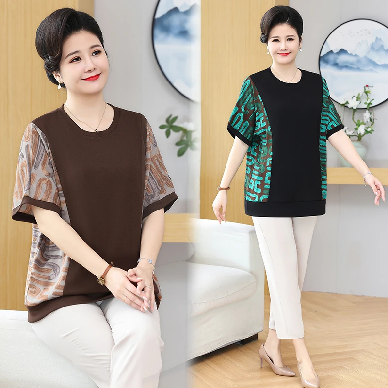 中老年人女装短袖夏季高贵母亲衣服宽松大码T恤洋气妈妈装上衣女