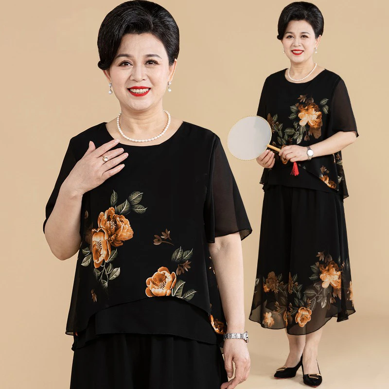 胖妈妈国风套装夏季大码200斤短袖上衣两件套母亲洋气衣服奶奶装