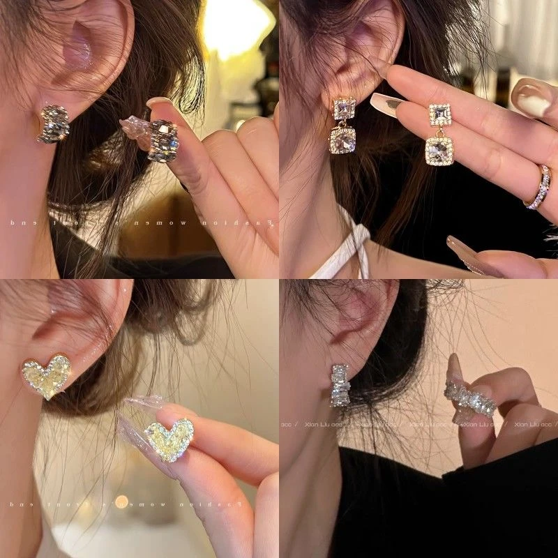 冰糖巧奇~轻奢精致锆石方形耳钉简约设计小香风复古高级感耳环潮