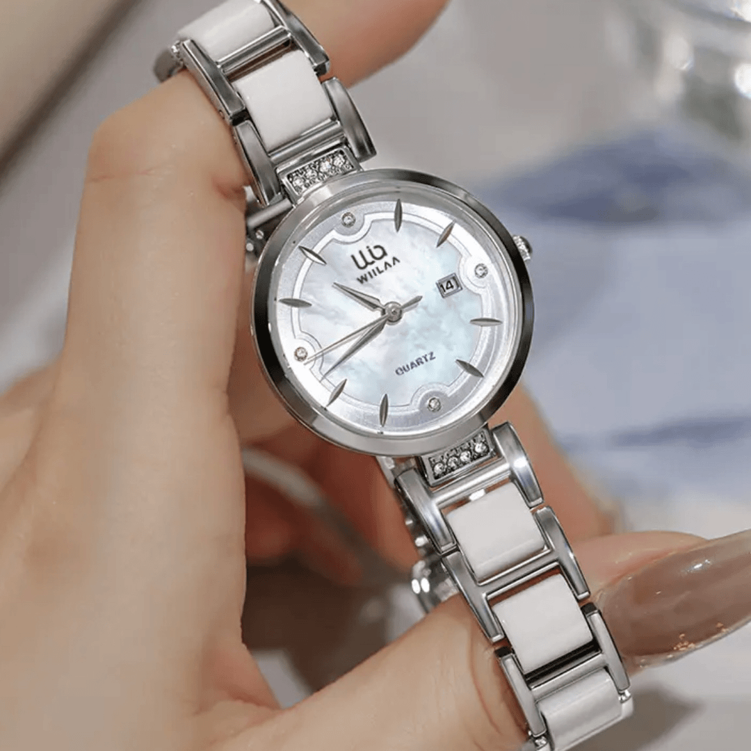 【官方正版】WL陶瓷贝母轻奢时尚韩系日历镶钻防水手表女士腕表8001