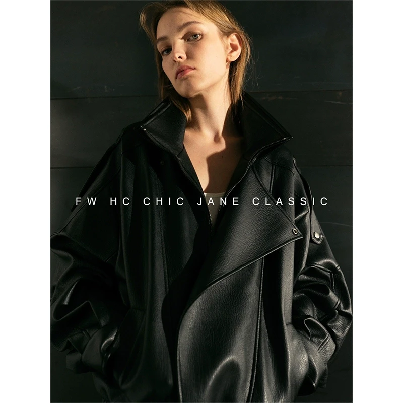 CHIC JANE池简奢牌/Y#L荃定制荔枝纹秀场款羊腿袖廓形皮衣外套