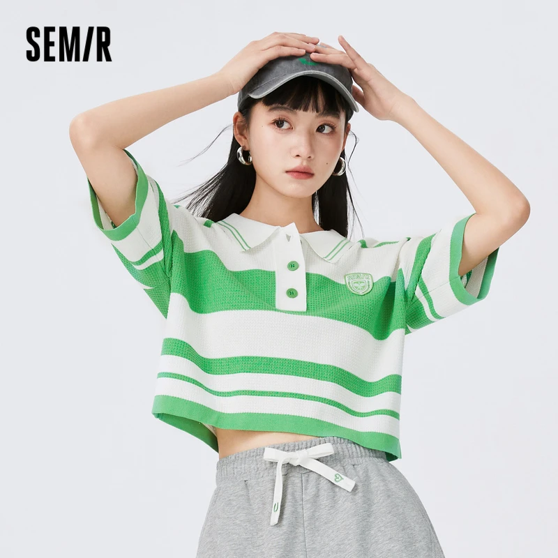森马针织衫女短款polo领宽松运动风夏季小众设计感条纹上衣学院风