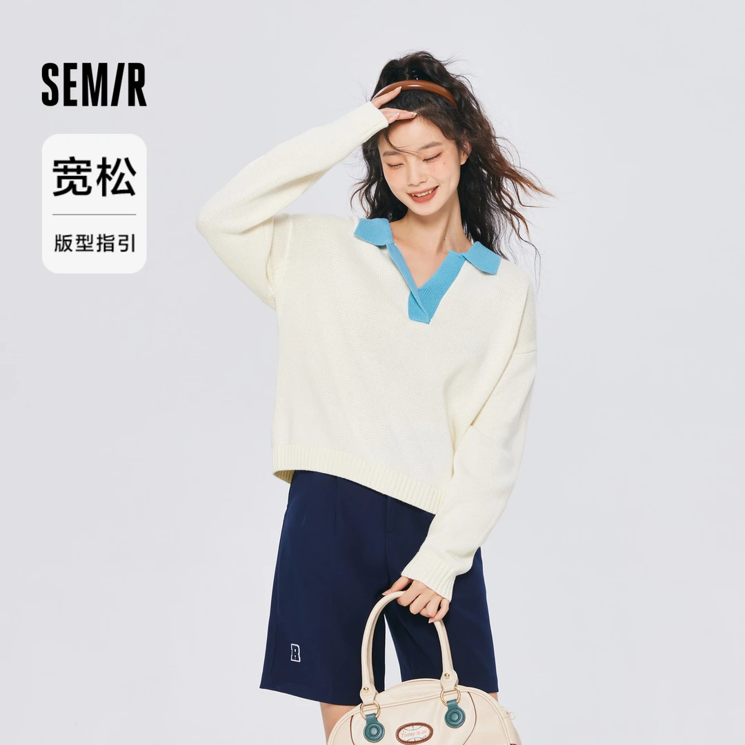 森马女毛衣polo领条纹衫复古宽松气质撞色显瘦针织潮流针织衫套头
