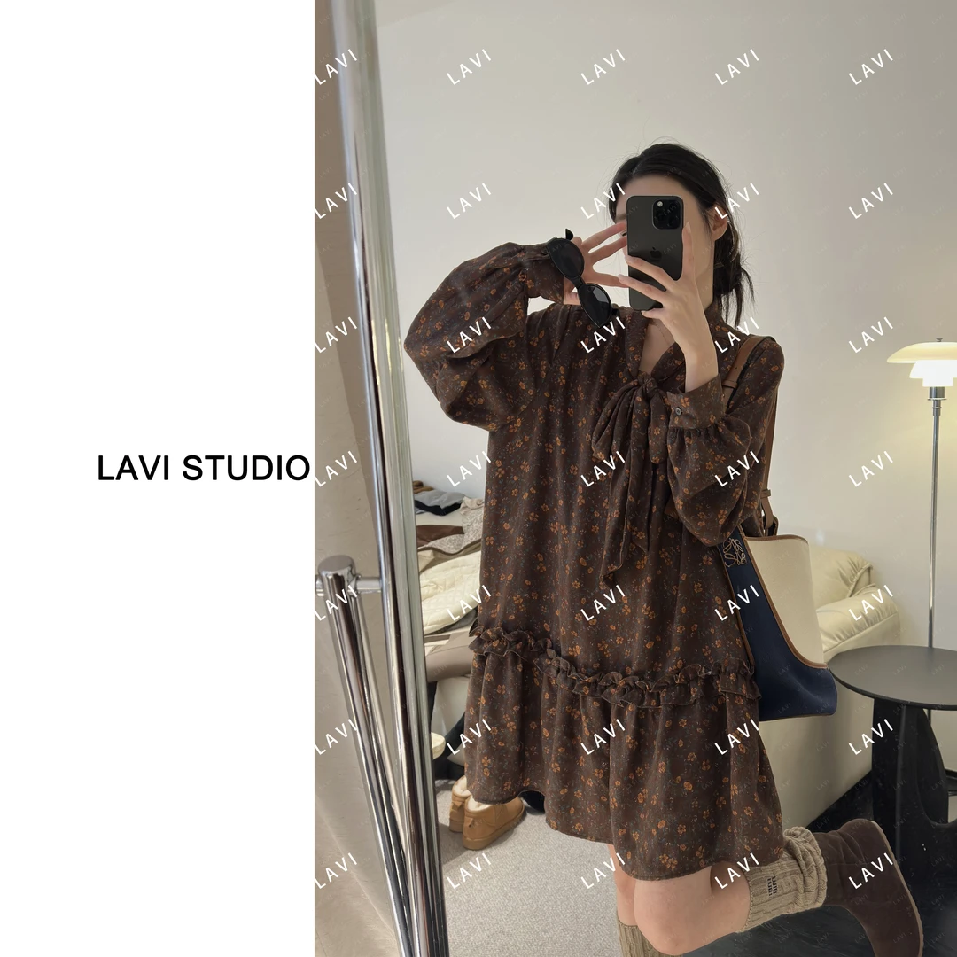 【不可机洗】画报女郎 复古碎花长袖时尚休闲设计师连衣裙LW3085