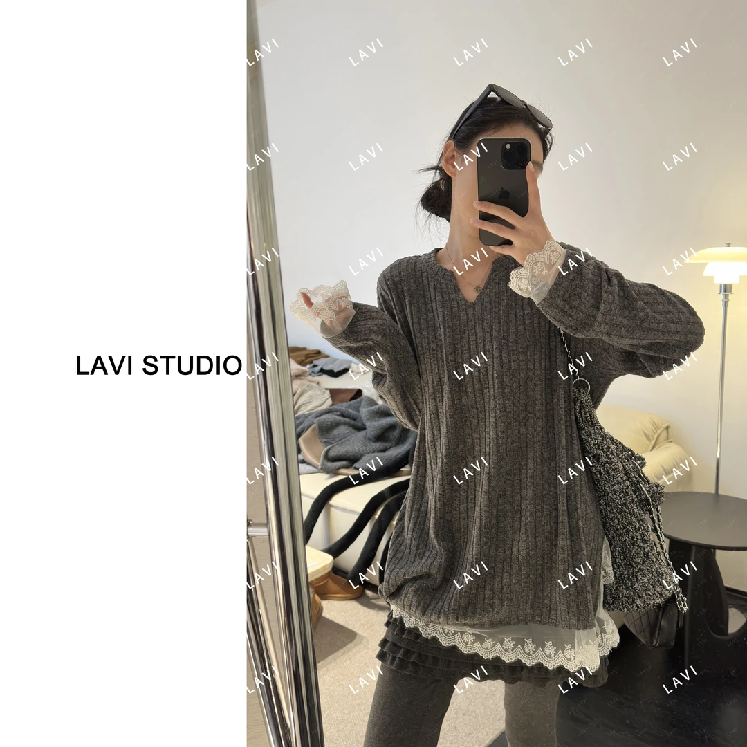 帷幔 秋冬休闲时尚百搭蕾丝花边套头T恤打底衫24256