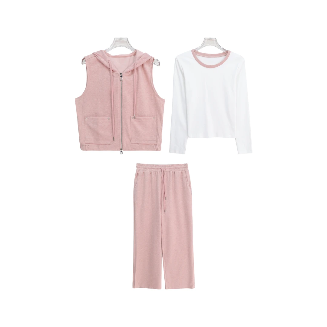 S 休闲慵懒风连帽马甲阔腿裤宽松显瘦三件套S4530