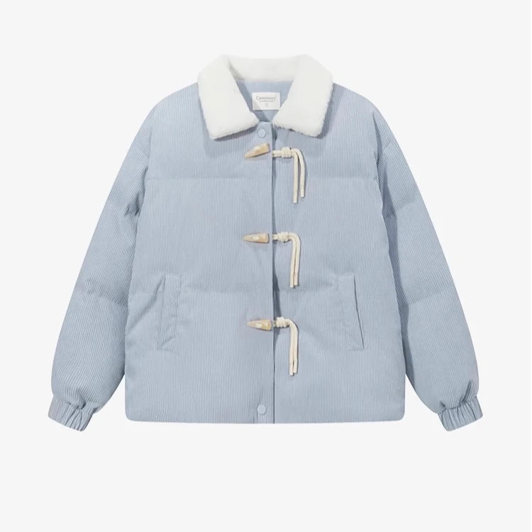 现现-浅蓝色牛角扣灯芯绒棉服宽松翻领保暖外套Y41146507