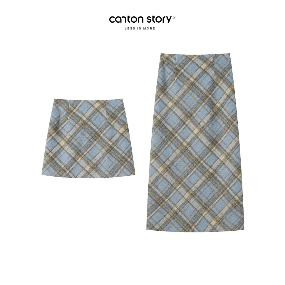 羊城故事-百搭蓝色格子半裙高腰显瘦撞色格纹半身裙Y41247456HJ
