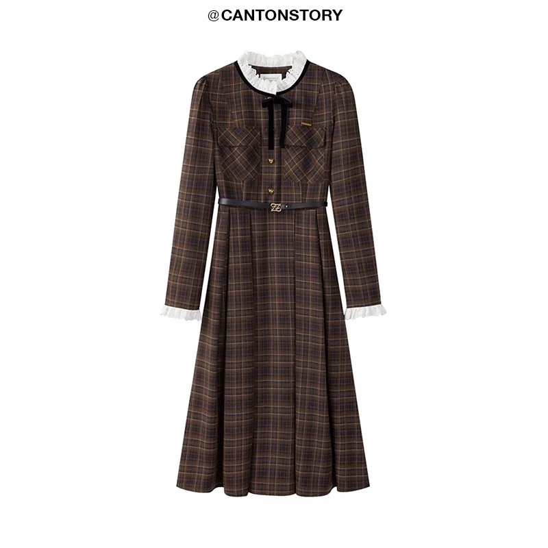 【羊城故事】法式复古蝴蝶结棕色格纹圆领长袖收腰连衣裙Y3124179