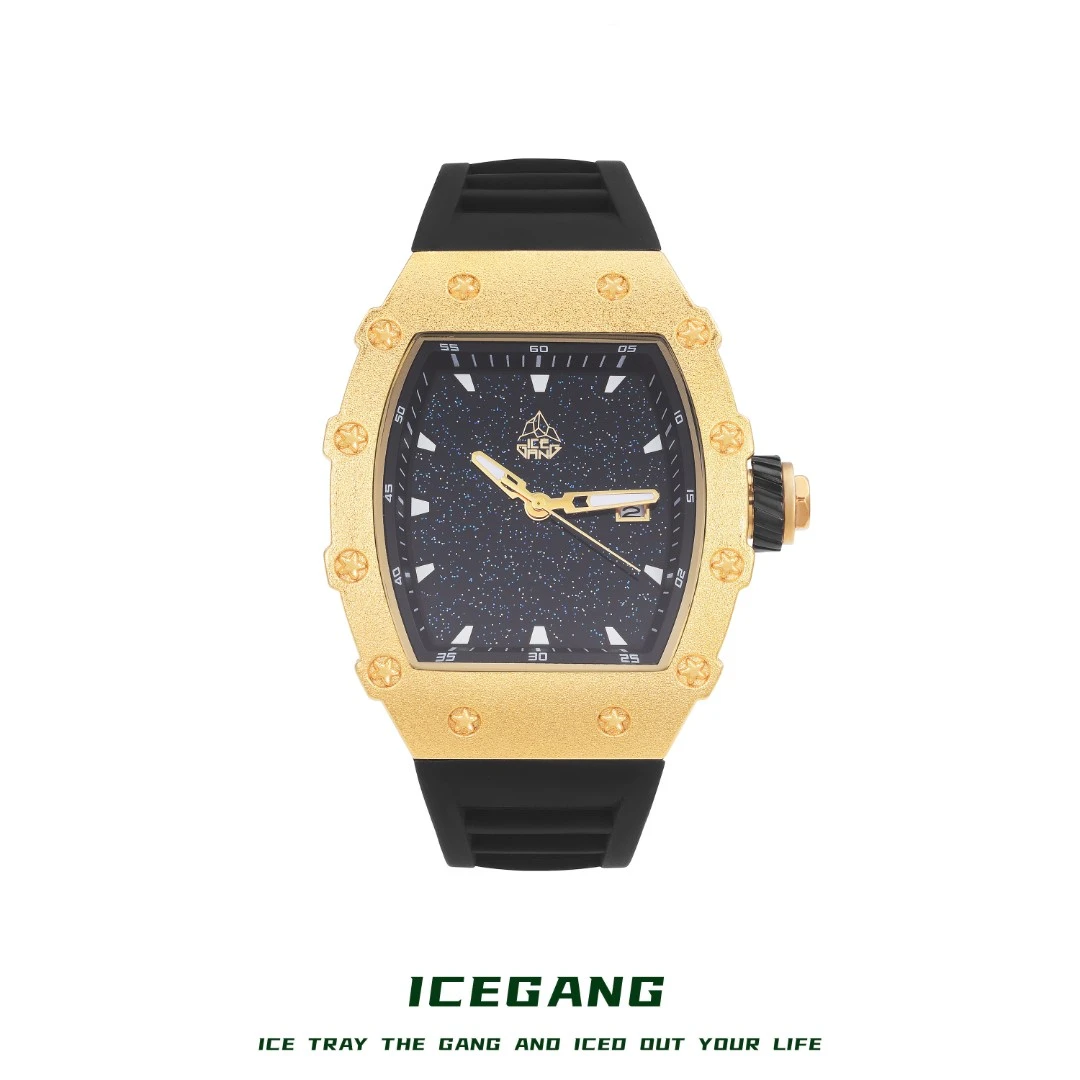 ICEGANG星尘系列金色霜金酒桶金色腕表手表闪亮首饰石英表大表盘