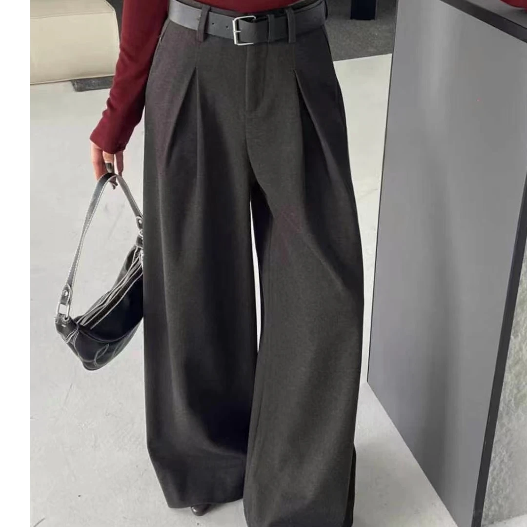 经典百搭时尚韩版A版高级感西装裤女冬季新款显瘦垂感毛呢阔腿裤