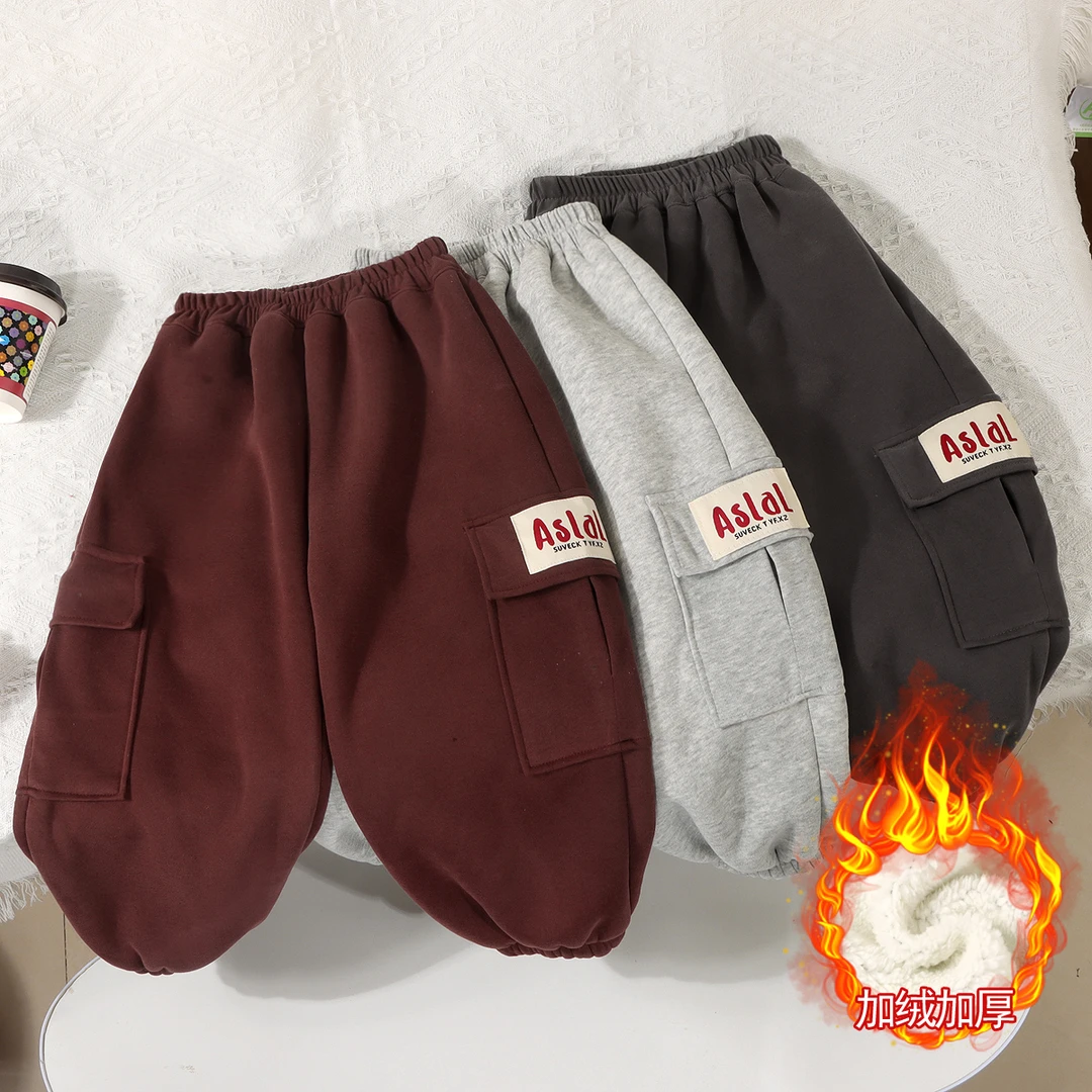 【现货秒发】冬季儿童工装裤大口袋加绒加厚贴标休闲裤