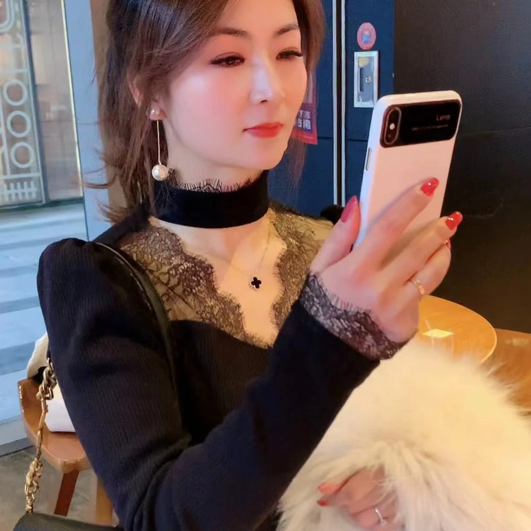 左右 百搭秋冬半高领时尚V修身拼接蕾丝显瘦加绒长袖针织衫23385