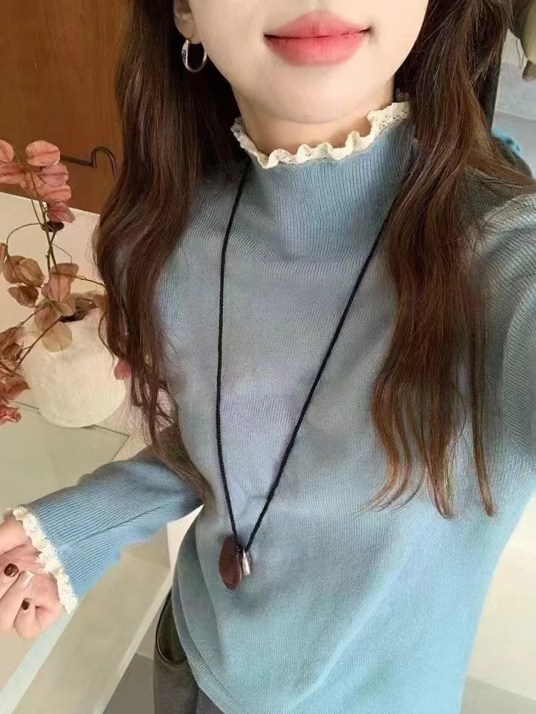 左右 秋冬洋气半高领长袖显瘦百搭套头修身拼接花边毛衣针织衫