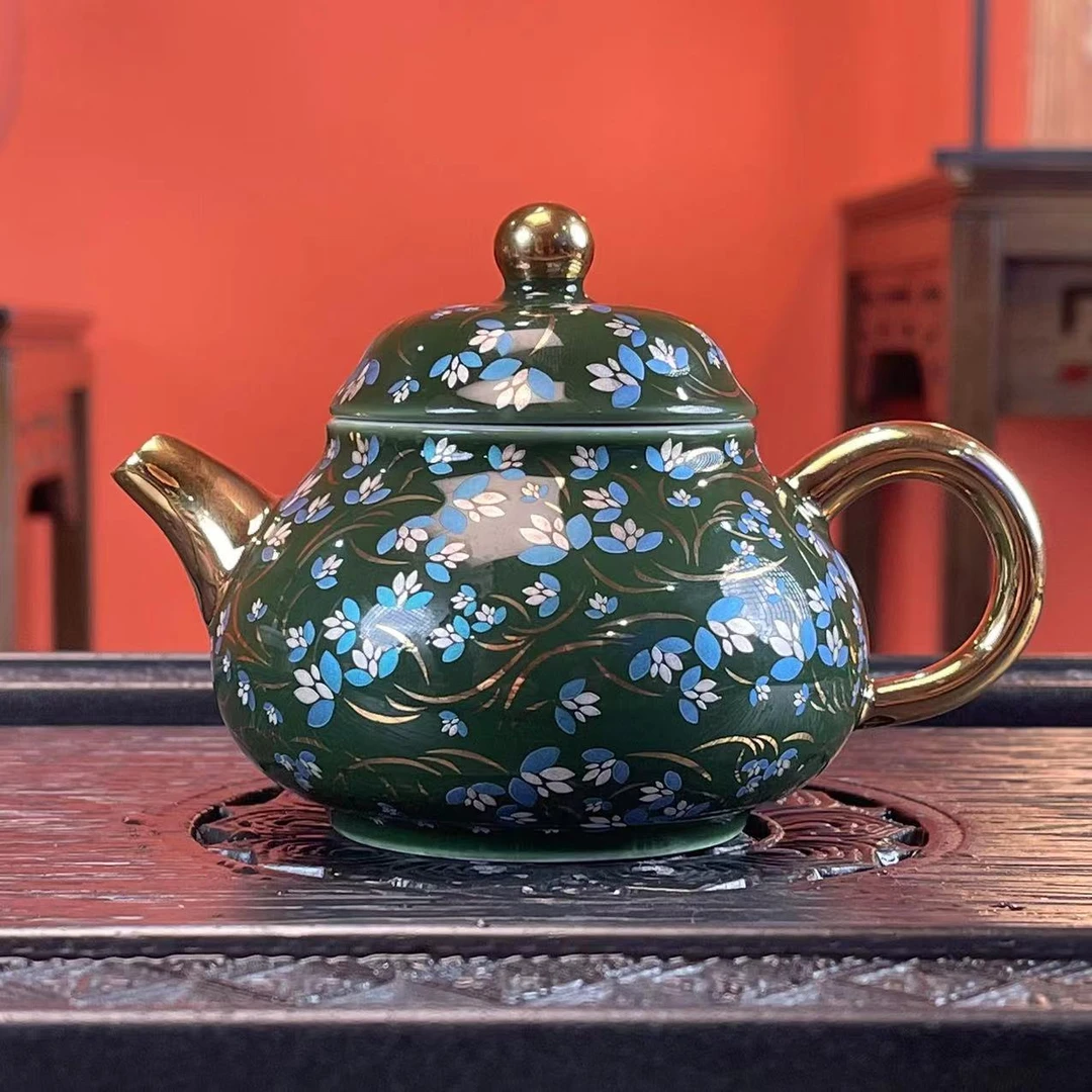 【银山社】翡翠釉金银花鎏金茶壶