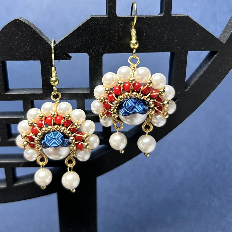 魅染 铜合金仿珍珠耳饰 时尚中国风耳环气质百搭拼色手工国潮套装
