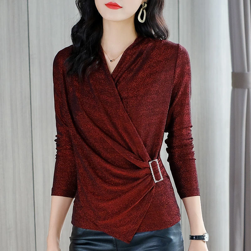 收腰亮丝打底衫新款春秋装修身长袖蕾丝遮肚交叉V领女士高档小衫