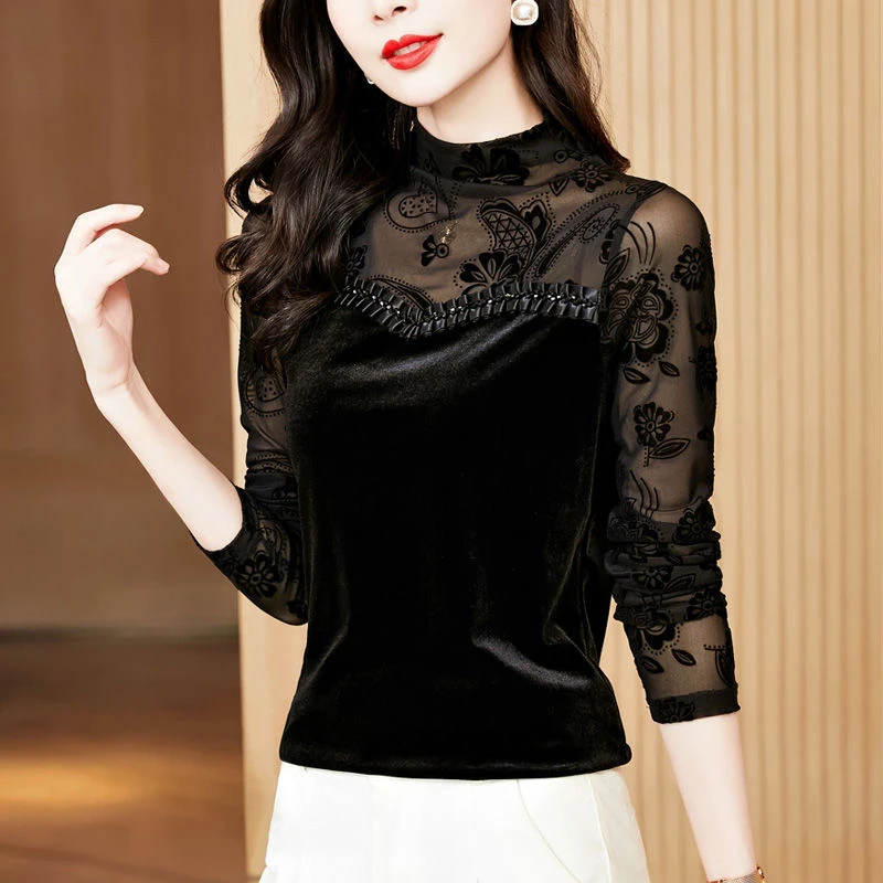 名媛春秋新款气质百搭植绒网纱钉珠拼接丝绒大码长袖打底衫女遮肉