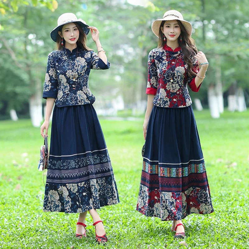 中国风春夏秋复古唐装棉麻茶服民族风大码女装改良旗袍上衣套装裙