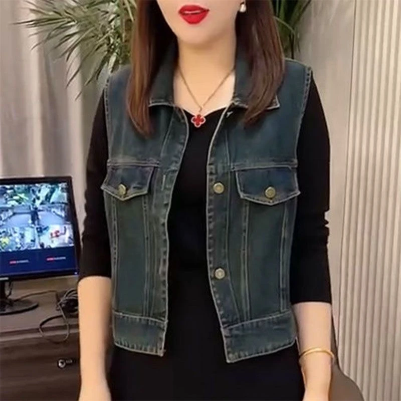 复古牛仔马甲女春夏秋新款韩版宽松显瘦翻领无袖背心马夹外套上衣