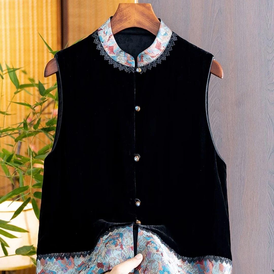 新中式国风丝绒马甲外套女欧货2023年秋新款百搭背心高端马夹上衣