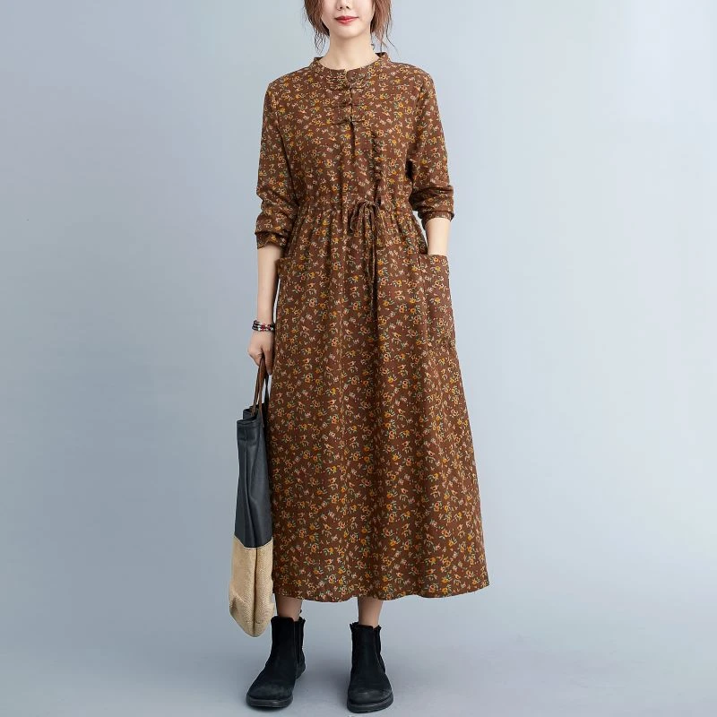 连衣裙2023新款复古文艺盘扣收腰显瘦加厚碎花棉麻打底a字裙春秋
