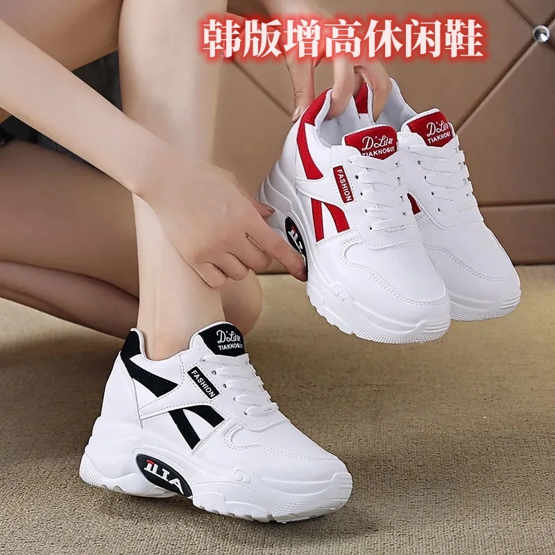 内增高小白鞋女春季皮面休闲运动鞋2023新款百搭松糕厚底老爹鞋子