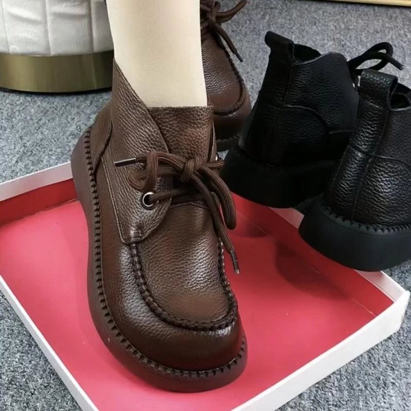 老板娘自留款【隐形增高4CM】秋冬复古时尚软底系带短靴 纯色