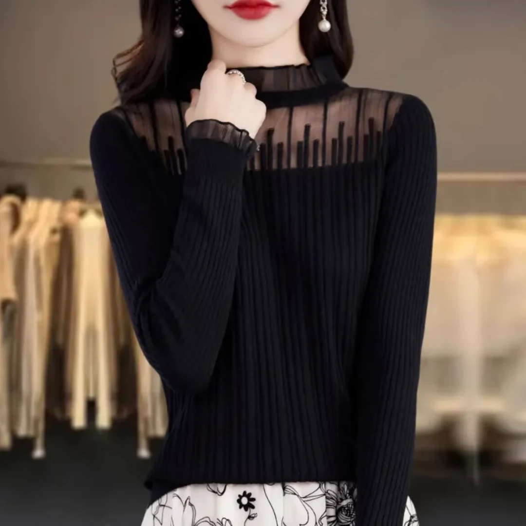 法式独特别致小上衣蕾丝打底衫女内搭半高领纯色毛衣打底衫女新款