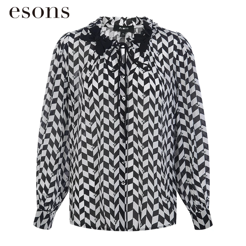esons/爱城市 黑白格菱格荷叶领雪纺衬衫35212740