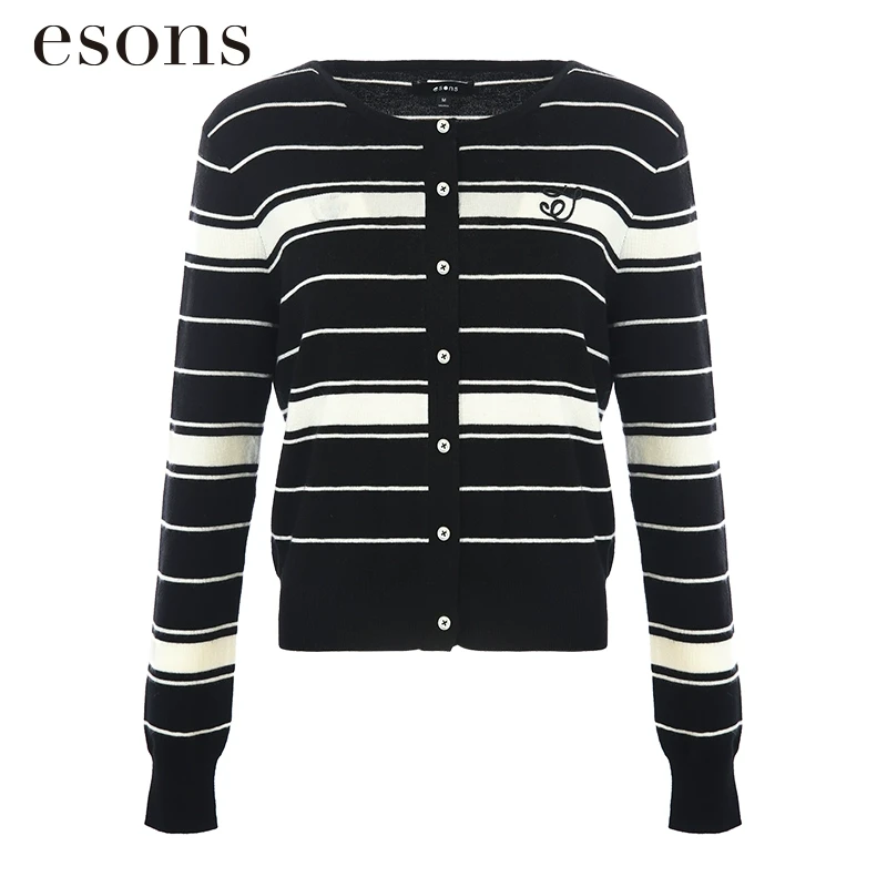 esons/爱城市【商场同款】法式经典黑白条纹系扣针织开衫35880530