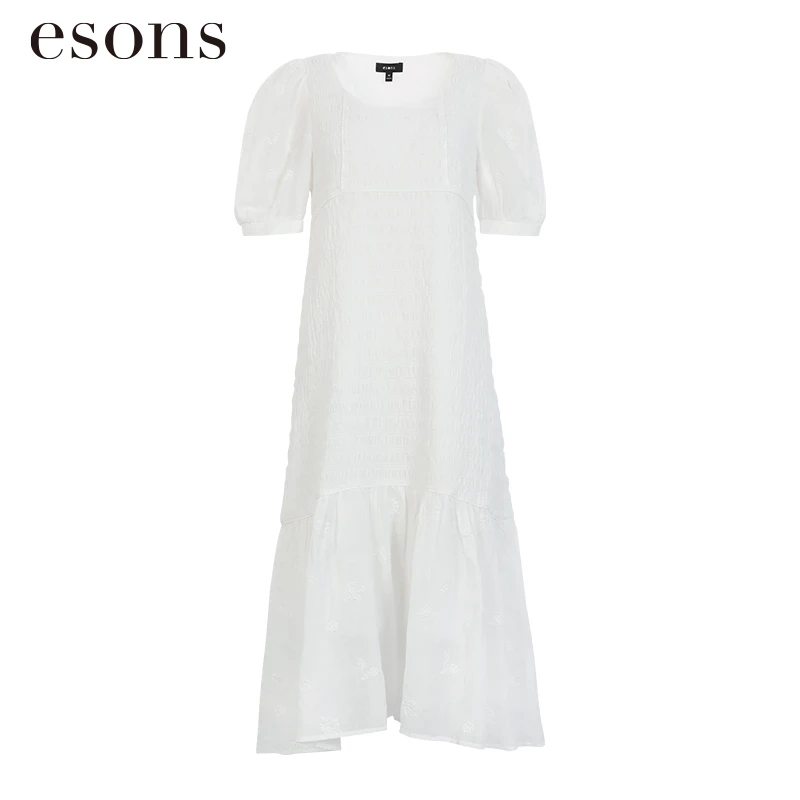 esons/爱城市轻奢小众高级感女装短袖褶皱白色优雅连衣裙34533850