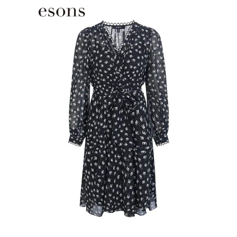 esons/爱城市V领系带收腰连衣裙34633300