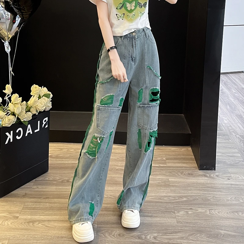 2024年夏季新款撞色破洞直筒宽松休闲遮肉显瘦街头百搭牛仔裤女