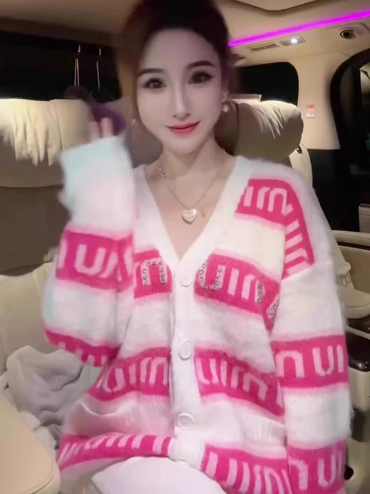 编号201--设计感潮流宽松字母条纹毛衣秋冬韩版休闲字母针织毛衣