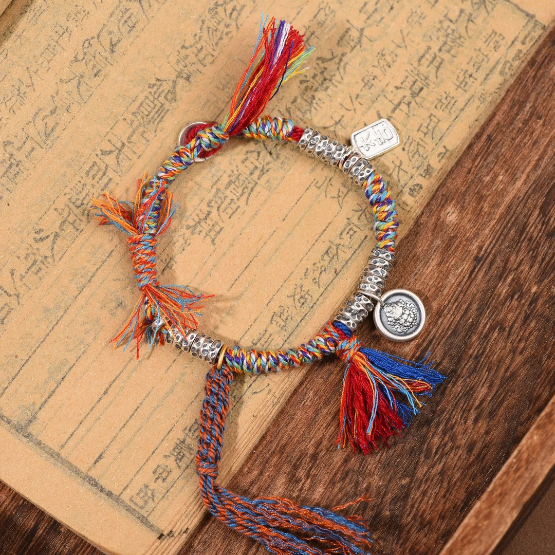 925银手链 黄财神锤纹盘缠手编绳情侣彩色民族风藏式绳编可调节