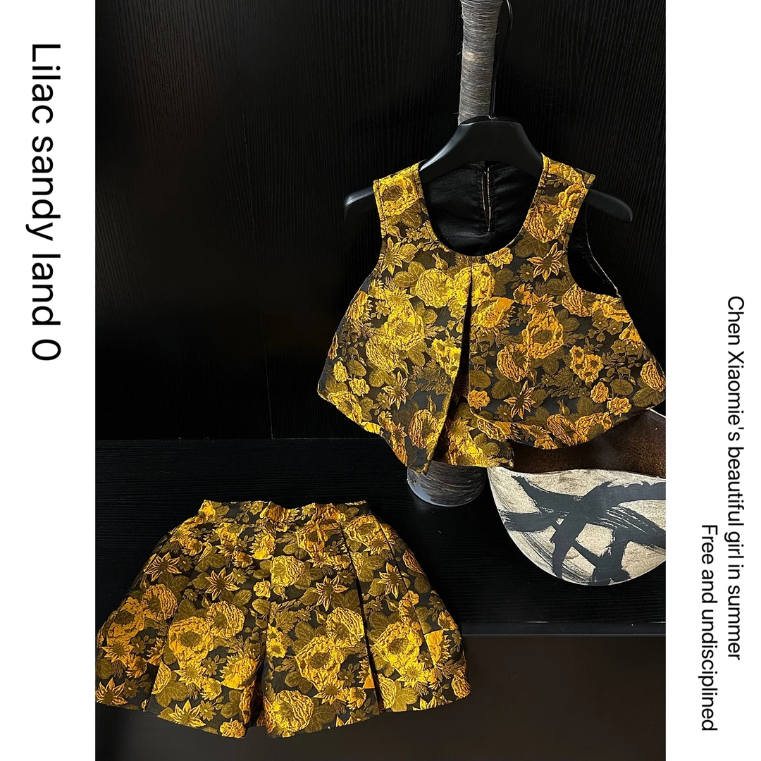 【梵高：油画】8058#夏款薄款新中式复古高级浮雕提花金色套装