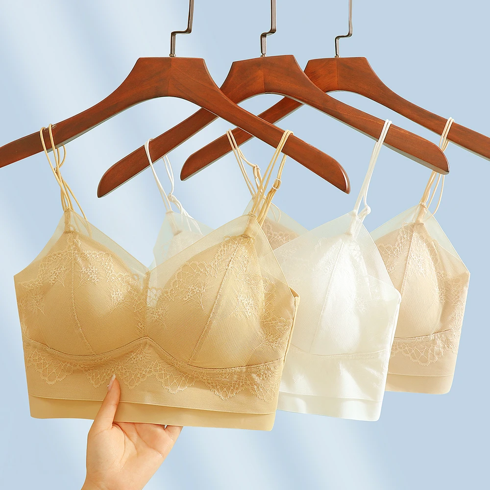 法式蕾丝美背内衣女舒适透气冰丝吊带文胸一体无钢圈小胸聚拢抹胸