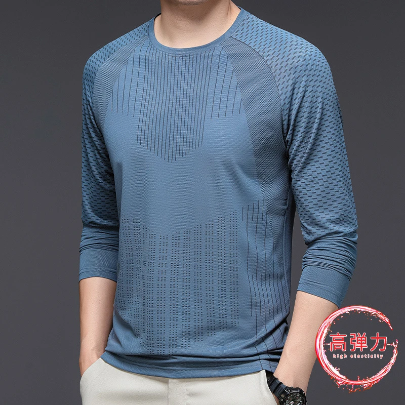 薄款冰丝t恤中年春夏季冰感宽松男士t恤男速干大码透气长袖圆领