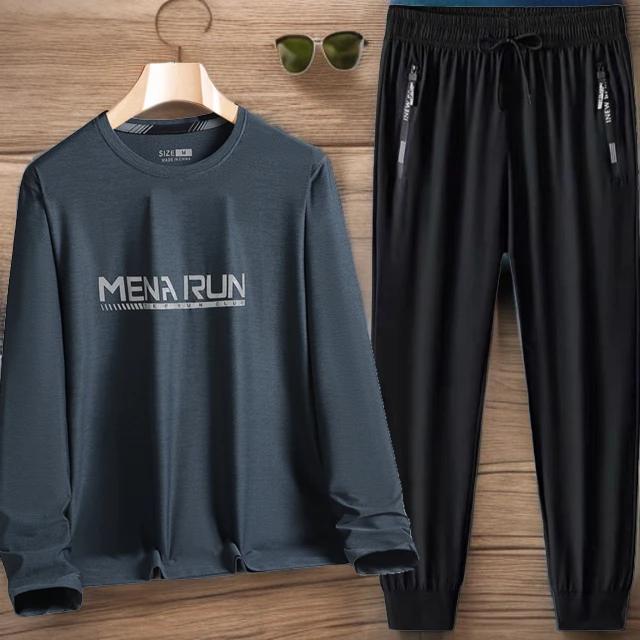 男士季时尚冰丝快干休闲套装宽松大码两件套跑步T恤户外运动潮服