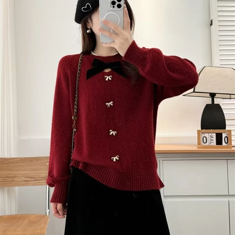 加肥加大码女装圆领镂空蝴蝶结亮丝柔软长袖针织衫显瘦毛衣200斤