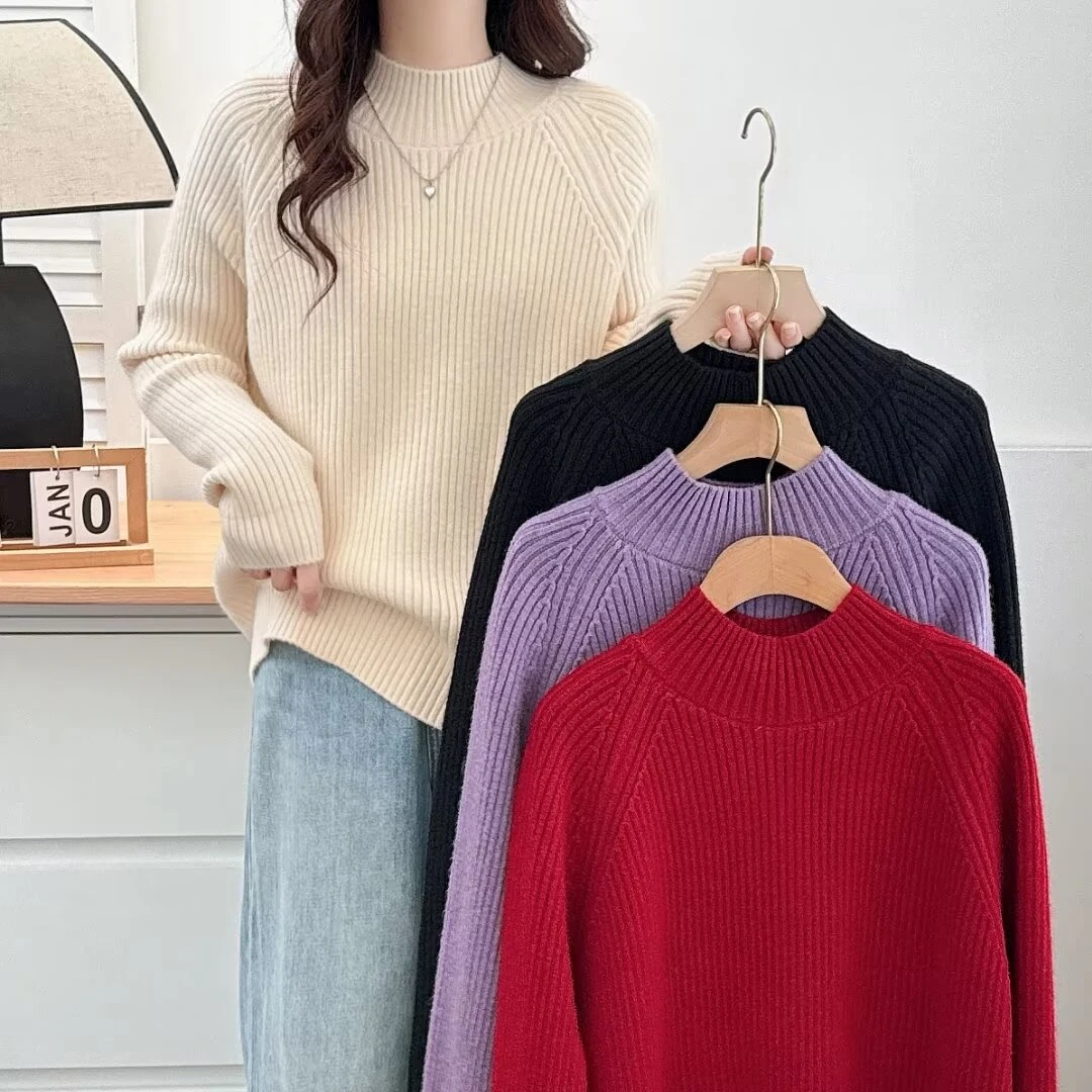 微胖大码女装春季新款洋气半高领加厚保暖柔软长袖针织衫显瘦毛衣